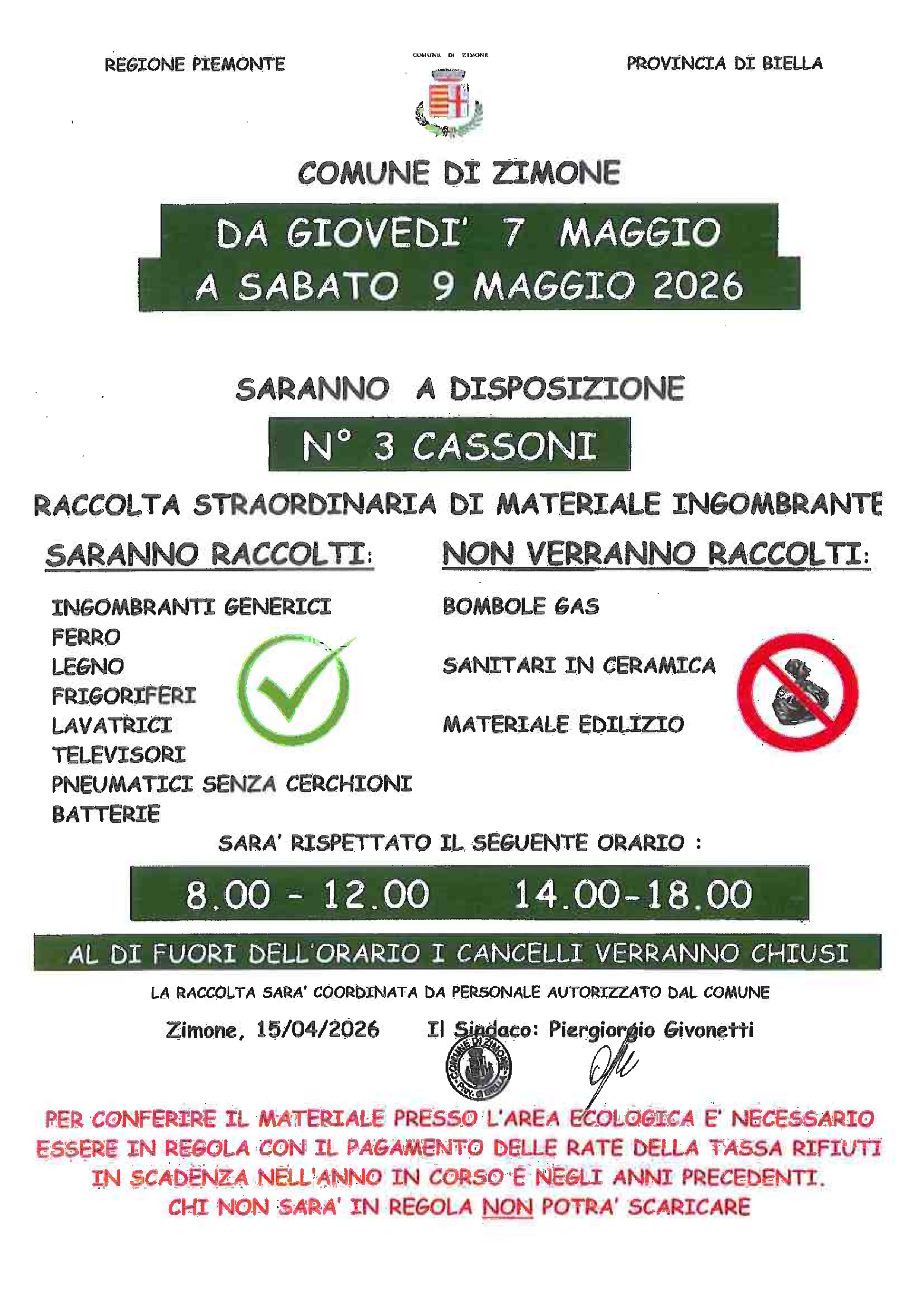 Raccolta straordinaria materiale ingombrante.